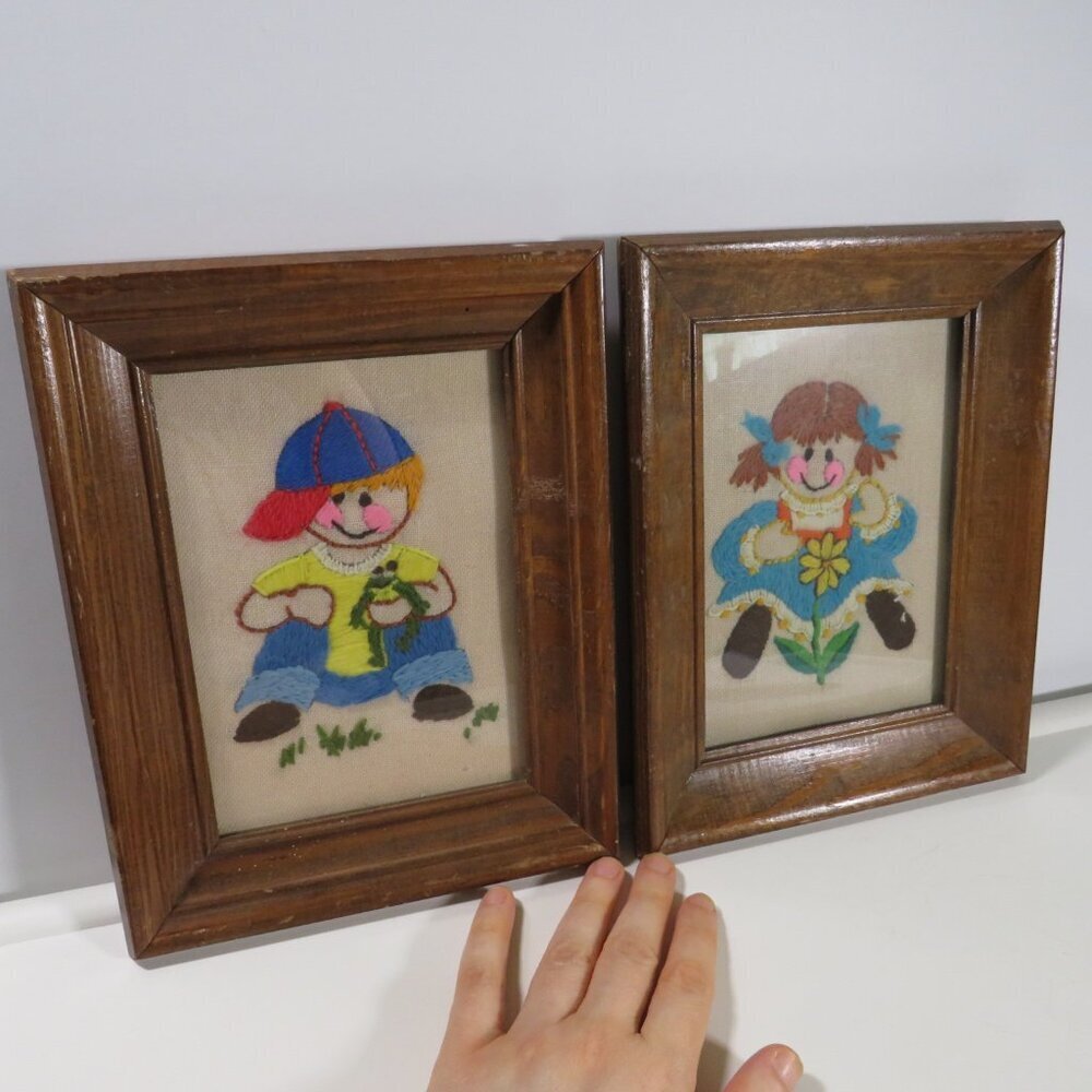 Boy and Girl Embroidery set 1970s in (2) Wood Frames Handcrafted